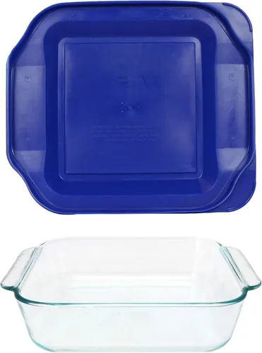 Vista 2 de Pyrex Fuente cuadrada para horno, de 8 pulgadas, con tapa plástica roja.