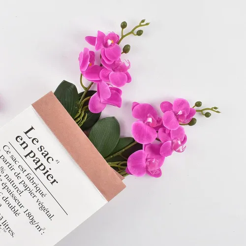 Vista 2 de Flores artificiales de seda falaenopsis con hojas de orquídeas falsas