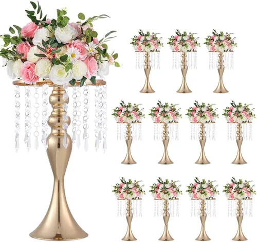 Vista 9 de 8 centros de mesa de fiesta para mesas, soportes de flores de metal con cuentas de cristal, centros de mesa de boda para mesa, jarrones de flores