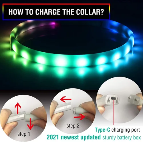 Vista 4 de Collar de perro recargable USB-C, collar de luz multicolor súper brillante, resistente a la intemperie, luz de seguridad para caminar por la noche
