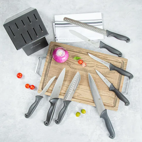 Vista 2 de Restaurantware Sensei - Juego de 8 cuchillos de acero alemán negro con pasadores codificados de colores para chefs, afilado, resistente a