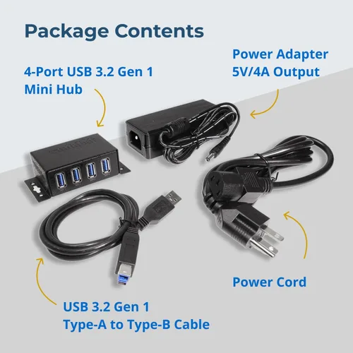 Vista 8 de Coolgear Concentrador USB 3.2 Gen 1 – Hub USB de 4 puertos con transferencia de datos de 5 Gbps, carcasa de metal montable, adaptador de corriente