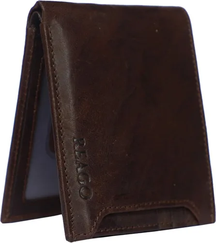 Vista 7 de REAGO Cartera de bloqueo RFID de cuero genuino para hombres con ventana de identificación doble
