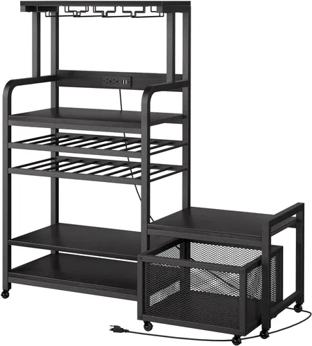 Vista 9 de Mini soporte para refrigerador con toma de corriente, soporte para microondas con estante para vino, barra de café con cestas de almacenamiento