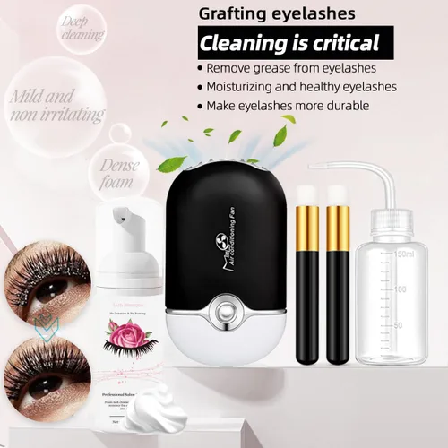 Vista 7 de Kit de extensión de pestañas profesional con cabeza de maniquí, párpados extraíbles, ventilador de pestañas USB, pestañas postizas individuales Negro