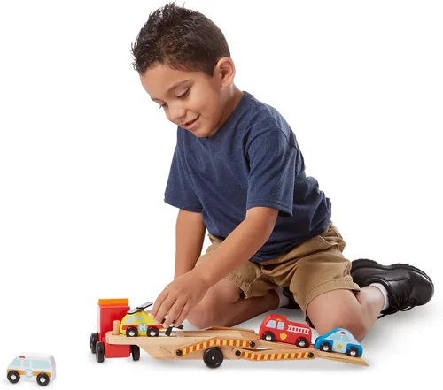 Vista 8 de Melissa & Doug Emergency Vehicle Carrier camión de madera con 4 vehículos de rescate 5 Pieces, 2-Level Vehicle Carrier Truck, Wooden Rescue