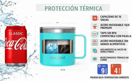 Vista 2 de Chillout Life - Taza de café con aislamiento térmico al vacío, acero inoxidable, mango y tapa, 16 onzas Azul aguamarina