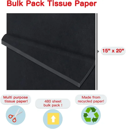 Vista 2 de Packanewly Papel de seda a granel para regalo, 480 hojas negras, papel de regalo de 15 x 20 pulgadas para arte, manualidades, festivales, fiesta