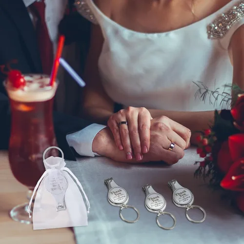 Vista 6 de Kanayu Llavero con clip de uñas, abrebotellas, regalo de boda a granel con cordón blanco, bolsa de organza para baby shower, regalo de fiesta