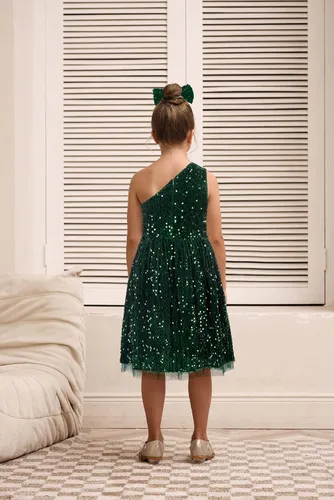 Vista 5 de GRACE KARIN Vestido de lentejuelas para niñas, vestido de fiesta de boda de un hombro con lazo para el pelo, 5-12 años