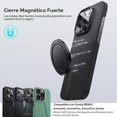 Vista 2 de BENKS - Agarre magnético 2 en 1 para MagSafe, diseño de fibra de aramida 600D (negro)