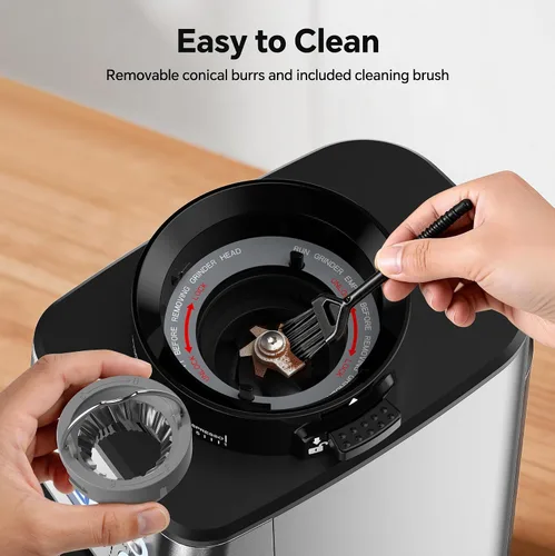 Vista 13 de Molinillo de café cónico, 51 ajustes precisos de molienda automática, pantalla LED inteligente de doble control, 1-12 tazas, con soporte