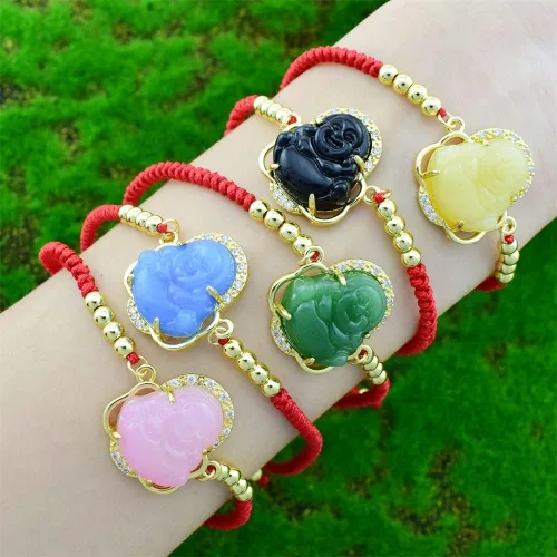 Vista 2 de COLORFUL BLING Lucky Laughing Buddha Charm Pulsera Jade Natural Piedra Natural Trenza Roja Cuerda Hilo Cuerda Cristal CZ Circonita para Mujeres