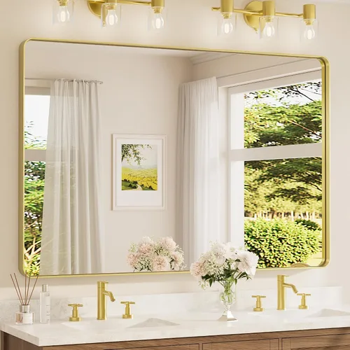 Vista 85 de Espejo de marco dorado cepillado de 16 x 24 pulgadas, espejo de tocador de baño de latón dorado para pared, espejo enmarcado rectangular de esquina