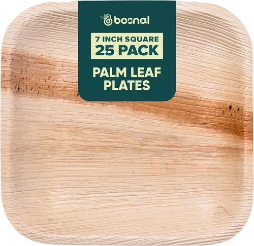 Vista 11 de BOSNAL - Platos biodegradables de hoja de palma, 4 pulgadas, cuadrados, 25 piezas, compostables, estilo de bambú y madera, apilables, grado