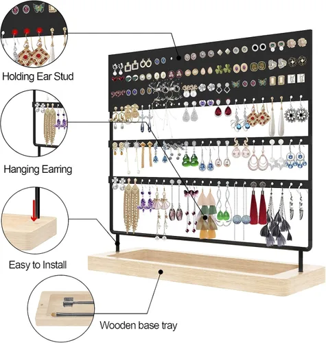 Vista 2 de Organizador de joyas para aretes, 3 niveles, 144 agujeros, organizador de aretes con bandeja de madera para aretes, collares y anillos
