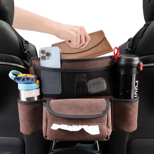 Vista 7 de Organizador de asiento de automóvil de cuero para bolso/bolso, cabe entre asientos delanteros, sostiene cartera, teléfono y artículos esenciales