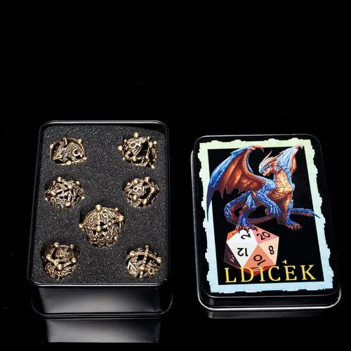 Vista 6 de Juego de dados DND de metal con caja, 7 dados huecos D&D, juego de dados poliédricos de cobre para Dungeons and Dragons Steampunk Poliédricos