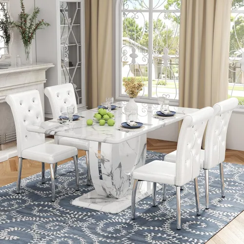 Vista 29 de Moderno juego de mesa de comedor de mármol sintético para 4, mesa de cocina rectangular blanca de 63 pulgadas con elegante base de pedestal