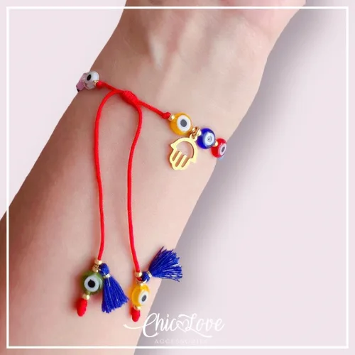 Vista 3 de Pulsera de protección completa, pulsera de mal de ojo de cadena roja, pulsera de mal de ojo multicolor, pulsera de ojo turco, pulsera de mal de ojo