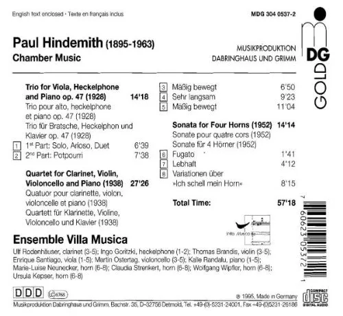 Vista 2 de Hindemith Trio for Viola, Heckelphone and Piano, Op. 47 Quartet for Clarinet, Violin, Cello, and Piano Quartet for Four Horns