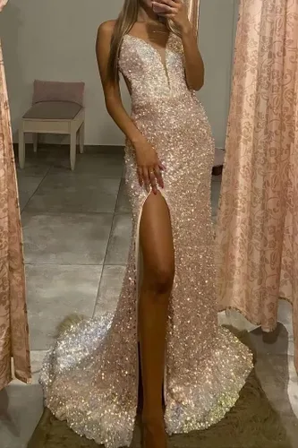Vista 2 de Fivsole Vestido de fiesta de lentejuelas brillantes para mujer, ajustado, con abertura, vestido formal de fiesta de noche