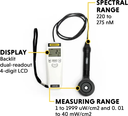 Vista 3 de General Tools Medidor de luz ultravioleta UVC digital UV512C, 220 a 270 nM