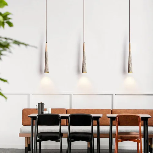 Vista 7 de Lámpara colgante de hormigón de estilo japonés, cable ajustable, lámpara colgante de cemento en forma de cono de isla de cocina con acento de madera