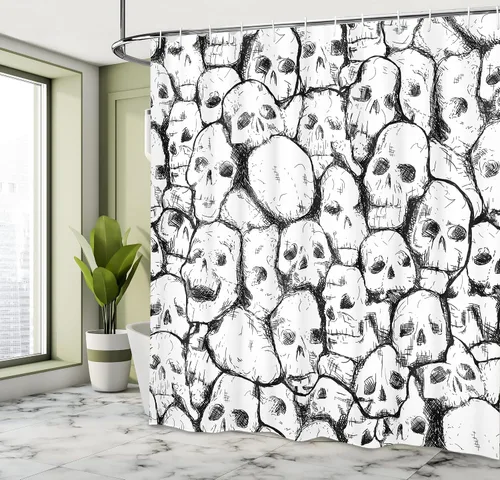 Vista 4 de Ambesonne Cortina de ducha de calavera, motivos de cabeza unida, fósiles espeluznantes abigarrados, impresión de ilustraciones oscuras y esbozadas
