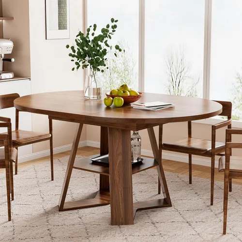 Vista 11 de Mesa de comedor redonda extensible de 43.3 a 59 pulgadas para 4 a 8, moderna mesa de comedor ovalada de cocina con hojas extraíbles, ahorro