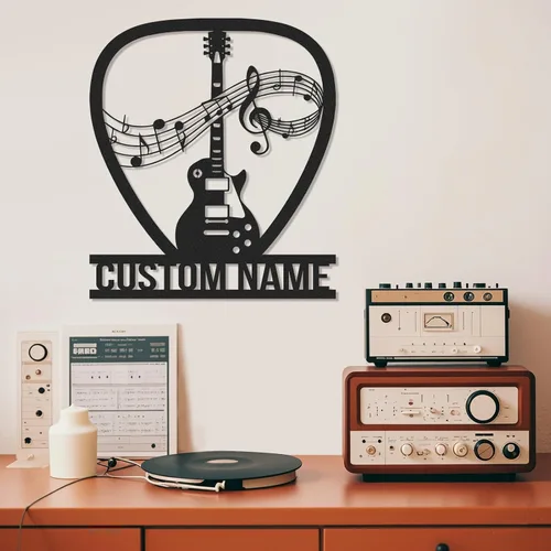 Vista 10 de Letrero de metal personalizado de guitarra, letreros de metal personalizados, decoración de pared de notas musicales, arte de pared divertido