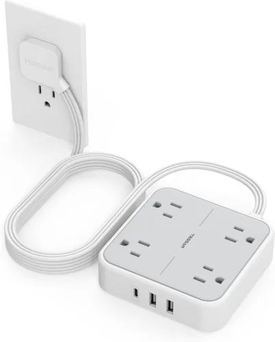 Vista 10 de TESSAN Cable de extensión plano protector de sobretensiones de 1 pie, regleta de enchufe con anillo con 4 tomas, 3 puertos USB (1 USB C), protección