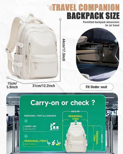 Vista 3 de BOXSAM Mochila ligera para mujer, mochila grande de viaje para laptop, mochila informal para la universidad, mochila para hombres, color beige