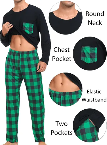 Vista 5 de SWOMOG Pijamas de Navidad para adultos, pantalones de pijama a cuadros con bolsillos, camisetas de manga larga para parejas y familia