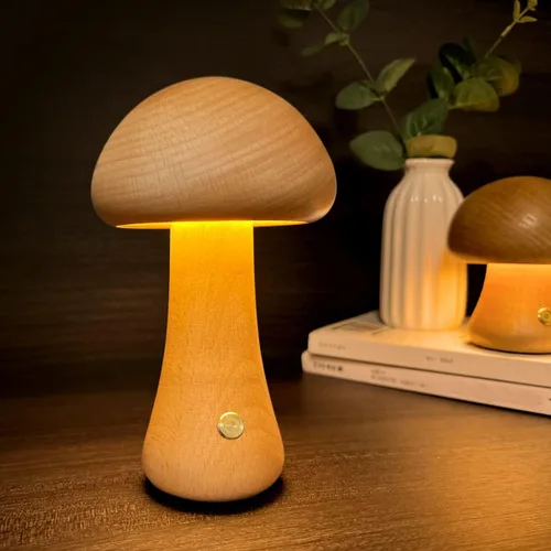 Vista 8 de Lámpara única pequeña de madera con forma de hongos, decoración de setas, lámpara de noche, lámpara de hongo recargable para decoración del hogar