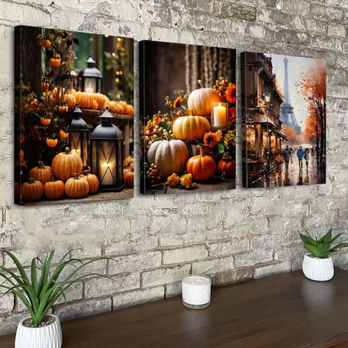 Vista 2 de Arte de pared de calabaza de granja, decoración de pared de otoño para cocina, comedor, decoración rústica de Halloween, impresiones en lienzo
