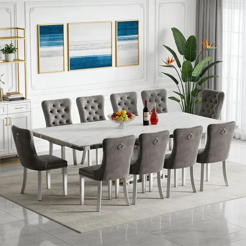 Vista 33 de Juego de mesa de comedor extensible de 63 a 79 pulgadas para 4, moderna mesa de cocina expandible con 4 sillas de terciopelo, mesa de madera gruesa