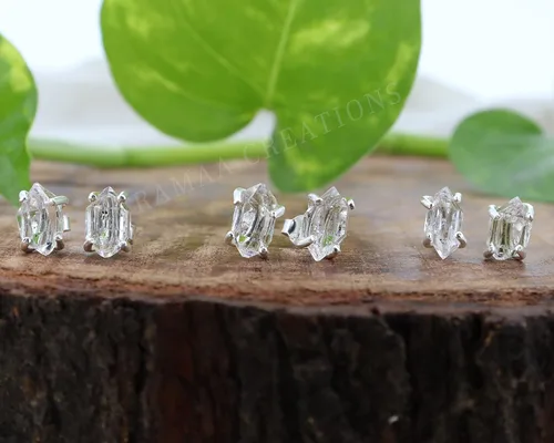 Vista 6 de Pendientes de diamante Herkimer crudo Aretes de diamante Herkimer de 4 puntas Joyas hechas a mano Plata de ley 925