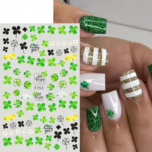 Vista 4 de 8 hojas de calcomanías de arte de uñas del día de San Patricio, calcomanías de uñas de trébol 3D, autoadhesivas, trébol verde, diseño de uñas