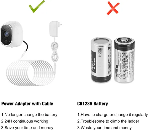 Vista 5 de Adaptador de corriente compatible con Arlo (reemplazo CR123A), con cable de 25 pies/24.6 ft resistente a la intemperie para exteriores alimenta