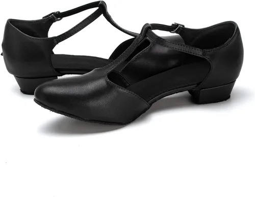 Vista 4 de Dress First Flats Zapatos de Baile Mujeres de Tacón Bajo Cuero Genuino Bombas T-Strap Latino Salsa Zapatos,1