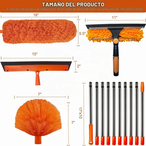 Vista 2 de Kit de plumero de alto alcance de más de 20 pies con poste de extensión de 3 a 14 pies, kit de limpieza de techo alto y ventana con poste