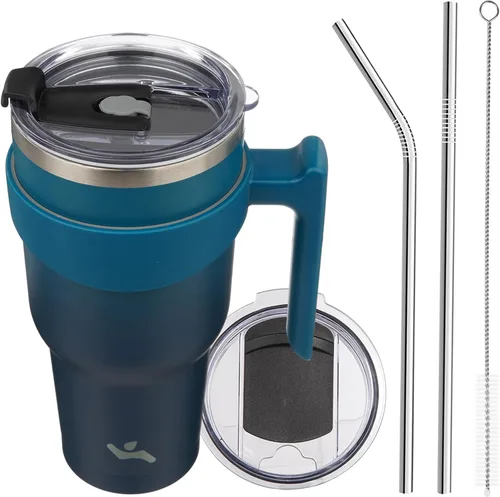 Vista 56 de Konokyo - Vaso de 10 onzas con asa y 2 popotes, 2 tapas, botella de agua aislada de acero inoxidable, taza de viaje reutilizable, color verde militar
