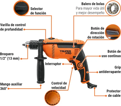 Vista 5 de Truper Taladro de martillo rotatorio profesional de 1/2" 700W, 110V, 5A, naranja