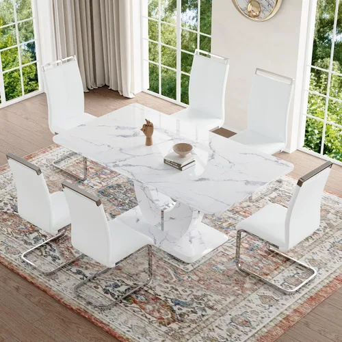 Vista 34 de Moderno juego de mesa de comedor de mármol sintético para 4, mesa de cocina rectangular blanca de 63 pulgadas con elegante base de pedestal