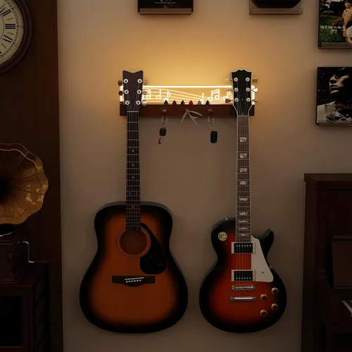 Vista 2 de CoolGift Mart Soporte de pared para guitarra iluminado, capacidad para 2 guitarras con 3 llaveros enchufables, diseño de notas musicales