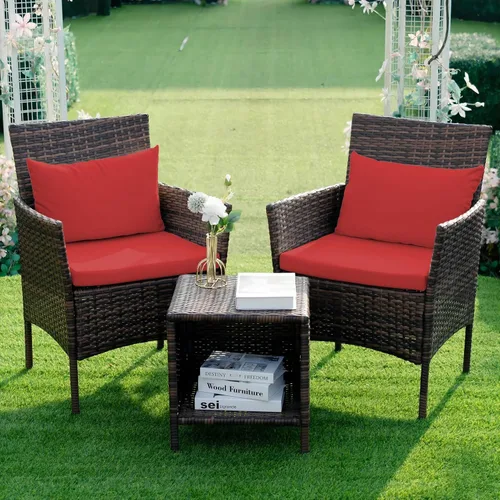 Vista 8 de Tappio Juego de 3 piezas para conversación de patio, muebles de porche y balcón, muebles de chat al aire libre, sillas de mimbre y mesa almacenable