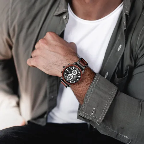 Vista 2 de IK COLOURING Relojes de madera para hombre, cronógrafo de cuarzo multifuncional y reloj de visualización de fecha para hombre, reloj de pulsera