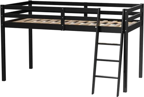 Vista 9 de VINGLI - Cama tipo loft baja de 47'' para junior con escaleras, cama de madera tamaño individual para adultos, niños y adolescentes jóvenes, sin