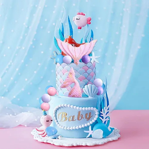 Vista 7 de JeVenis Decoración de pastel de sirenita rosa púrpura bajo el mar, decoración de tarta de cola de sirena de conchas marinas, suministros de fiesta